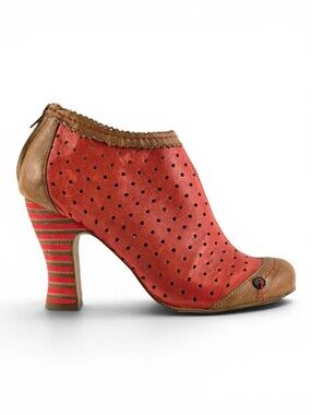 Gold Button Women's Red Leather Perforated Striped Heeled Ankle Boots 39